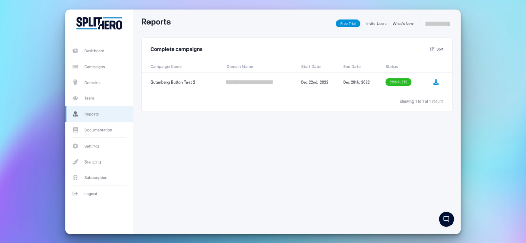 Screenshot of the Split Hero reports page where you can generate campaign reports.